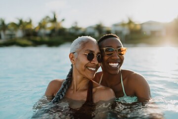 Fototapeta premium Older woman and partner smiling and relaxing in pool