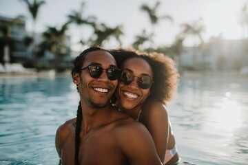 Obraz premium Young couple laughing together in outdoor resort pool