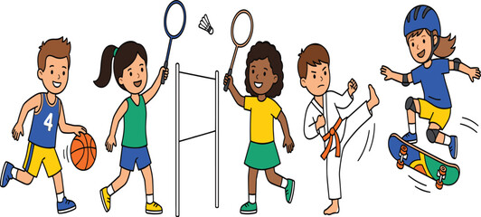 Diverse children active lifestyle sports collection featuring kids playing basketball badminton karate and skateboarding flat vector illustration © MST HASMOTARA