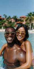 Obraz premium Couple smiling in sunglasses embracing in resort pool