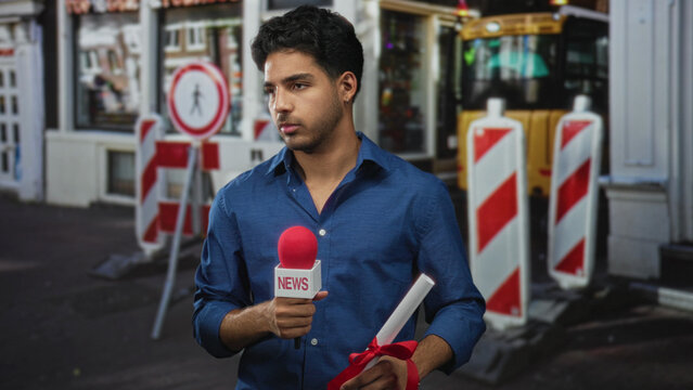 Man holds news microphone and rolled certificate tied with red ribbon, standing by striped construction barriers and pedestrian sign on a street; concern duty reporting.