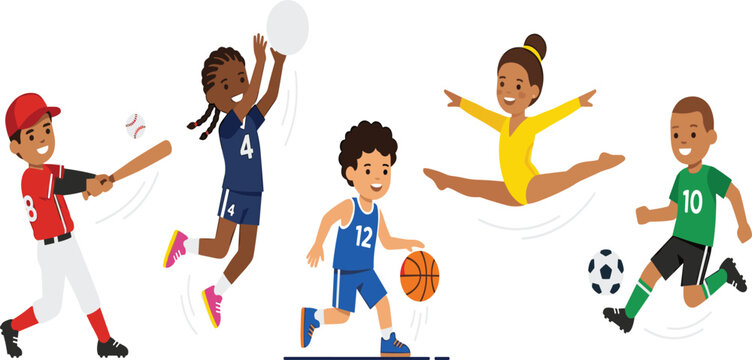 Diverse children active sports set featuring kids playing baseball volleyball basketball gymnastics and soccer flat vector illustration