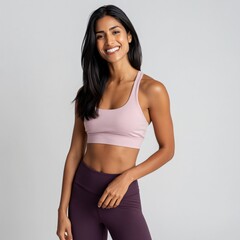 Obraz premium Woman smiling and posing in fitness wear against studio backdrop