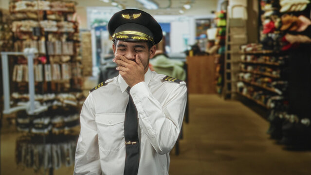Man pilot in uniform covers mouth with hand in a store aisle inside a building; amusement reflection.