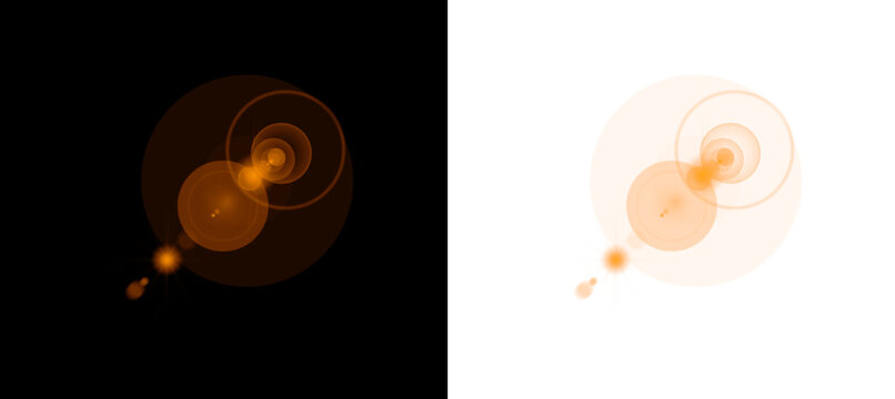 Warm orange lens flare with radiating circles and granular light bursts, evoking warmth or a sunset on black and transparent backgrounds.