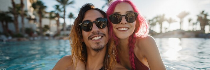 Fototapeta premium Young couple smiling and posing in outdoor pool resort