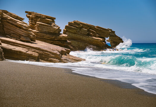Close-up of rock formations on Triopetra Beach, where they are hit by the waves of the Mediterranean Sea