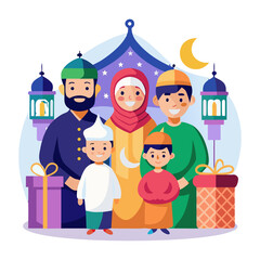 Fototapeta premium Happy muslim family posing together for eid celebration illustration.