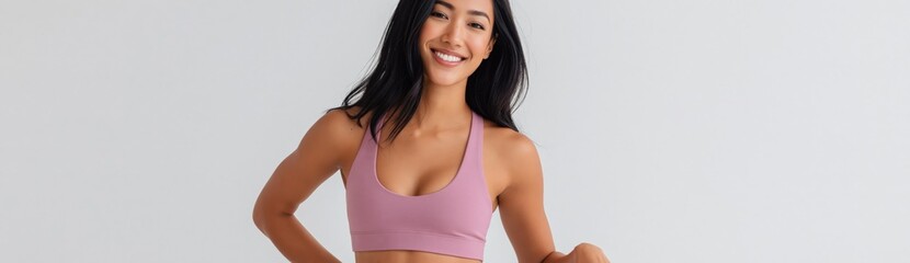 Fototapeta premium Young woman posing and performing exercise in studio fitness setting