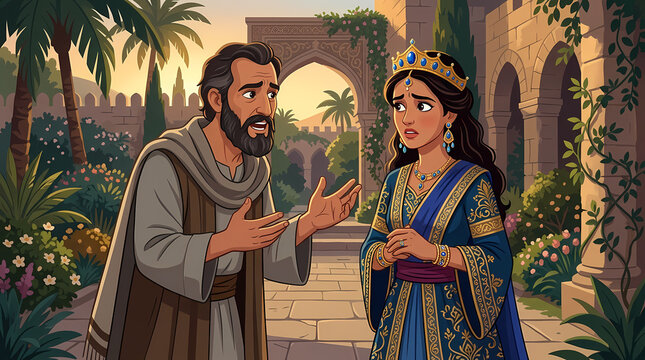 Esther and Mordecai discuss urgent matters in a sunlit Persian garden courtyard