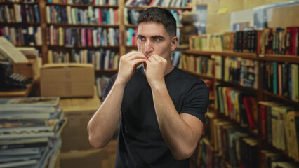 Young hispanic man gesturing with hands in a library aisle among packed bookshelves and cardboard boxes  contemplation study focus. © Krakenimages.com