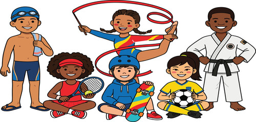 Diverse group of active children characters in sports uniforms for swimming tennis gymnastics skateboarding soccer and karate © MST HASMOTARA
