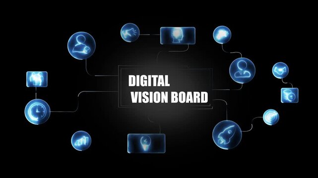 Interactive digital vision board infographic featuring glowing network for strategic business planning, goal setting, corporate innovation, and future growth