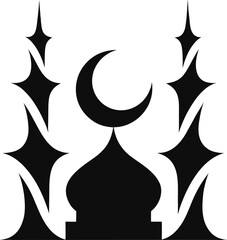 Minimalist mosque dome silhouette with crescent moon and decorative stars vector graphic for ramadan theme invitation card. © Pixel Forge Studio