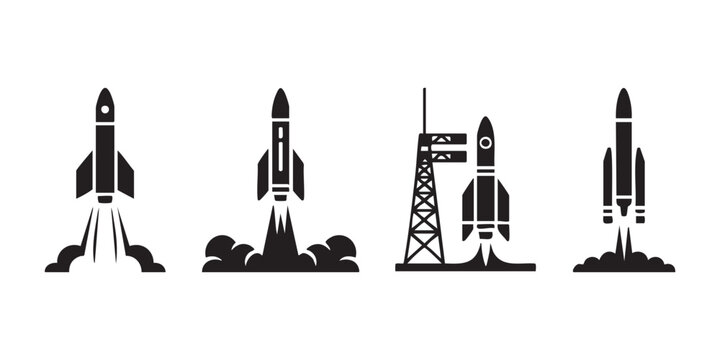Spaceship launch sequence icons featuring tower platform boosters and smoke vector illustration set.