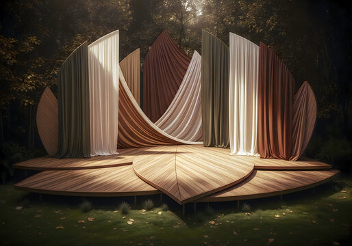 Modern hammock hanging between two tall columns on wooden deck at dusk