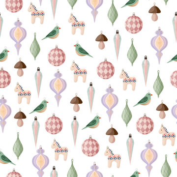 Seamless pattern with Scandinavian Christmas ornaments, birds, mushrooms and dala horses in flat vector style on a light background
