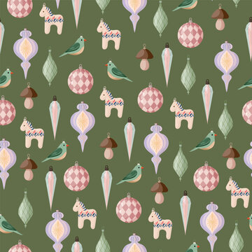 Seamless pattern with Scandinavian Christmas ornaments, birds, mushrooms and dala horses in flat vector style on a light background