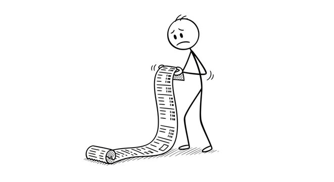 Sad Stick Figure Unrolling Very Long List and Feeling Overwhelmed on Isolated White Background