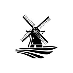 Obraz premium A black and white vector illustration of a traditional windmill standing on a tilled field. A classic rural landscape emblem representing agriculture and heritage.