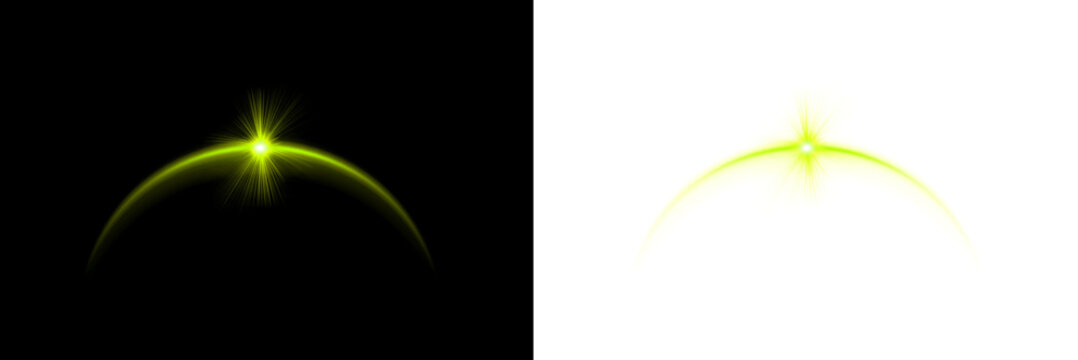 Green light effect with glowing arch and sparkling star, half-circle design element on dark backdrop and transparent background for projects.