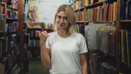 Young blonde woman in white t shirt gives thumbs up beside crowded bookshelves in a bookstore building  confidence. © Krakenimages.com