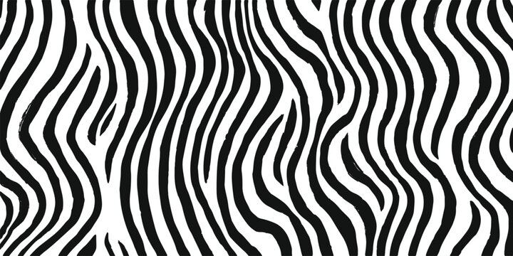 Abstract black and white wavy lines zebra animal print seamless pattern background graphic vector illustration.