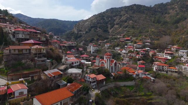 Aerial View of Moutoullas Village Hillside and Agia Paraskeui Church in Cyprus Troodos Mountains