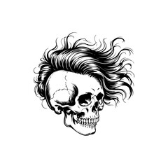 Fototapeta premium A black and white vector illustration of a human skull with a stylish, voluminous mohawk hairstyle. A bold, punk-rock inspired design combining rebellion with art.