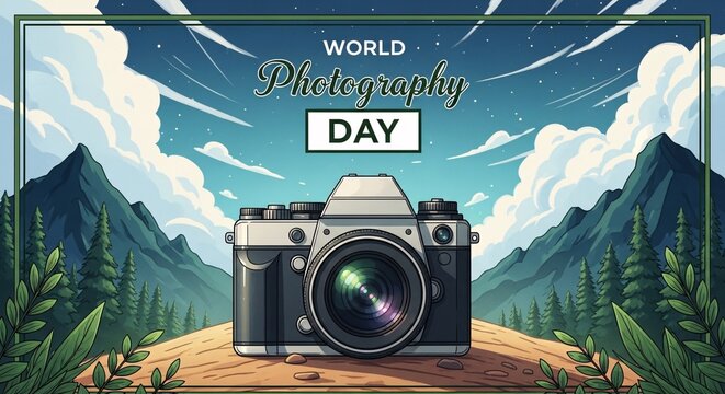 World photography day illustration with a camera on a hill surrounded by mountains and trees under a blue sky with clouds