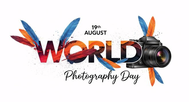 Vibrant world photography day poster with colorful feathers and camera on white background