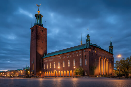 Nighttime Stockholm City Hall Stadshuset Imagery