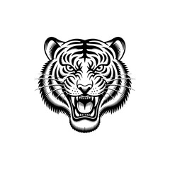 Fototapeta premium A powerful black and white vector illustration of a roaring tiger's head. The detailed front-view portrait showcases sharp fangs and an aggressive, majestic expression.