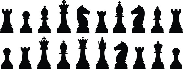 Collection of chess piece silhouettes including king, queen, rook, bishop, knight, pawn, classic strategy game icons for design and illustration © Mst