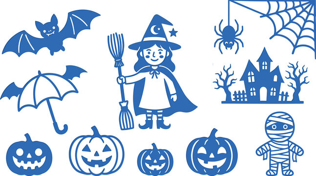 Halloween themed icons and characters blue silhouette