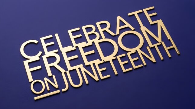 Juneteenth Celebration Freedom Text on Blue Background with Gold Letters
