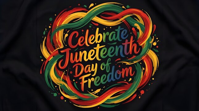 Juneteenth Day of Freedom colorful celebration t-shirt design with swirling ribbons on black background