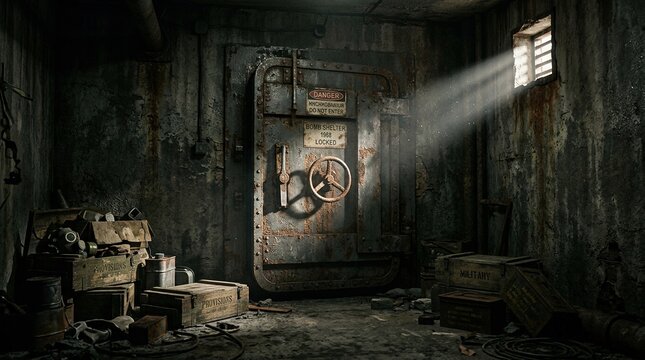 Abandoned bomb shelter interior with rusty vault door and supplies