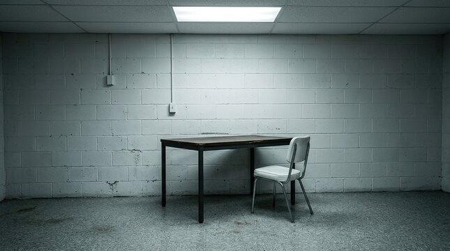 Minimalist Empty Concrete Room with Table, Chair & Fluorescent