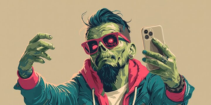 Zombie is taking a selfie with smartphone