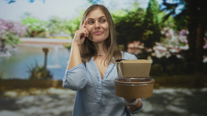 Obraz premium Woman in blue shirt holding stacked food boxes and pointing finger to temple in green forest; curiosity.