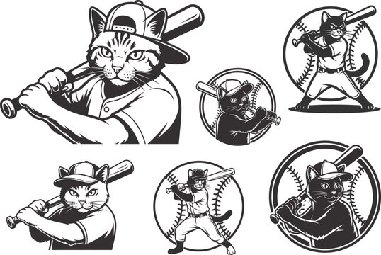 Baseball halloween cat illustrations black and white feline baseball player designs