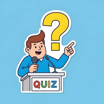 Quiz master stands behind a podium holding a microphone under a large yellow question mark.
