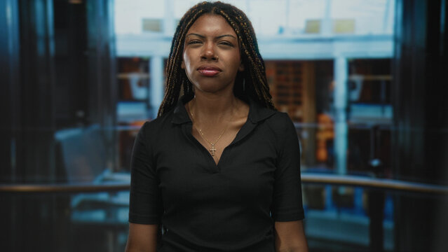 Woman squints eyes and presses lips, wearing a cross necklace and braided hair and a black collared shirt in cruise ship building interior; seasick discomfort.