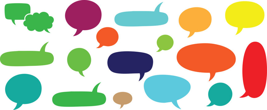 Large set of colorful speech bubbles and thought clouds in different shapes. Flat vector chat boxes and talk balloons isolated on white background for social media, dialogue, and comic design.