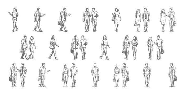 Business people sketch set featuring walking and talking professional figures | Hand drawn vector line art for architectural diagrams and visualization