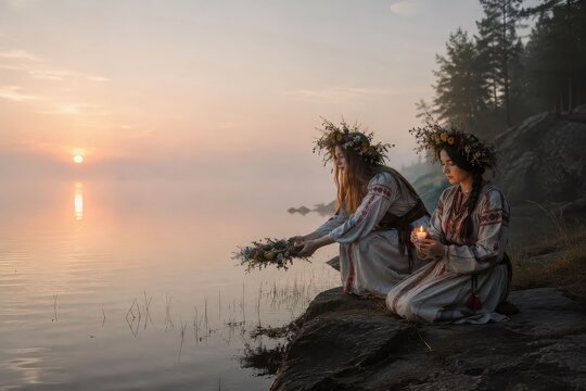 Woman in ethnic clothing holding ritual candle and floral wreath by misty lake at sunrise. Pagan folk tradition performance. Slavic mythology, spirituality and connection to nature concept
