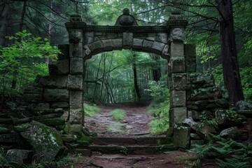 Naklejka premium Stone archway marking the entrance to a mysterious forest path, creating a scene of enchantment and wonder