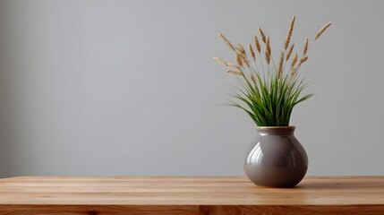 Obraz premium A delicate vase arrangement featuring dried wheat plumes and vibrant green foliage on a wooden surface