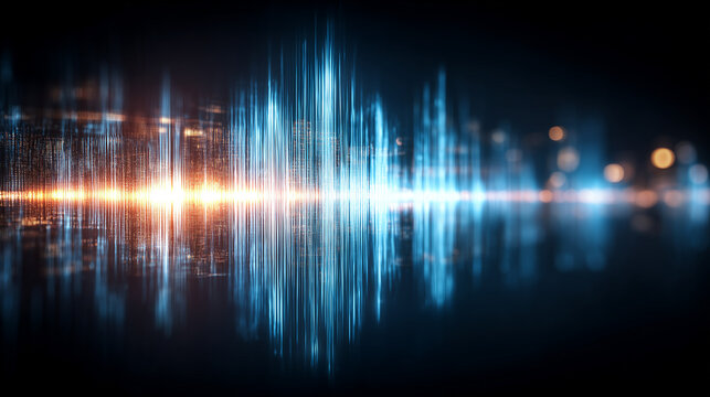 A glowing audio waveform made of vertical light lines, symbolizing sound data, voice analysis and digital signal processing.
